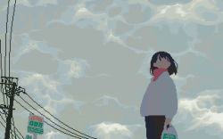 Rule 34 | 1girl, animated, animated gif, bag, black eyes, black hair, cloud, cloudy sky, commentary request, jacket, long sleeves, looping animation, lowres, medium hair, original, otnweo, outdoors, pixel art, power lines, shopping bag, sign, sky, solo, turtleneck, utility pole, white jacket