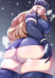 Rule 34 | 1girl, absurdres, ass, ass grab, blonde hair, blush, breasts, breath, commission, from behind, fur hat, gloves, grabbing own ass, grey background, hat, highres, kandata nijou, kolin, kum02j0, large breasts, long hair, looking back, looking down, parted lips, skeb commission, smile, snow, solo, street fighter, thighhighs, ushanka