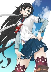 Rule 34 | 1girl, black hair, blue sailor collar, blue skirt, blue sky, cloud, contrapposto, cowboy shot, glasses, green eyes, hairband, hand on own hip, hand on own thigh, highres, kantai collection, layered sleeves, long hair, long sleeves, necktie, ooyodo (kancolle), parted lips, pleated skirt, red necktie, sailor collar, school uniform, serafuku, shirt, short over long sleeves, short sleeves, skirt, sky, smile, solo, tanabe (fueisei), thighhighs, very long hair, white hairband, white shirt, zettai ryouiki