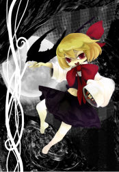 Rule 34 | 1008 (noble), 1girl, bad id, bad pixiv id, barefoot, bird, bird on hand, blonde hair, chiba (noble), crow, darkness, embodiment of scarlet devil, female focus, hair ribbon, magic, red eyes, ribbon, rumia, short hair, solo, touhou