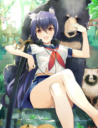 Rule 34 | 1girl, :d, animal, animal ear fluff, animal ears, anniversary, ashigara (azur lane), ass, azur lane, bare legs, bear, bird, blouse, blue hair, blue jay, blue sailor collar, blue skirt, breasts, brown eyes, commentary request, crossed legs, day, extra ears, fang, forest, fox, hair between eyes, hand up, headphones, headphones around neck, highres, holding, holding phone, katana, large breasts, leaf, long hair, looking at viewer, midriff, miniskirt, nature, neckerchief, open mouth, panties, phone, pleated skirt, sailor collar, school uniform, serafuku, shadow, sheath, sheathed, shirt, short sleeves, sitting, skirt, smile, solo, squirrel, stairs, sunlight, sword, tetsujin momoko, thighs, tree, underwear, very long hair, weapon, white panties, white shirt, wolf
