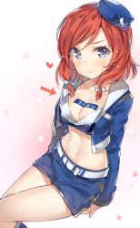 Rule 34 | 10s, 1girl, arrow (symbol), breasts, cleavage, commentary request, cropped jacket, hat, highres, love live!, love live! school idol project, midriff, miniskirt, navel, nishikino maki, pencil skirt, police, police uniform, red hair, short hair, skirt, solo, uniform, wavy mouth, yuran
