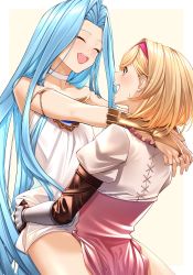 Rule 34 | 2girls, absurdres, ahoge, arms around neck, bare shoulders, blonde hair, blue hair, choker, closed eyes, djeeta (granblue fantasy), dress, female focus, gauntlets, gloves, granblue fantasy, hairband, hands on another&#039;s hips, highres, long hair, lyria (granblue fantasy), multiple girls, open mouth, short hair, simple background, smile, soruna (nell), very long hair, white dress