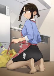 Rule 34 | 1girl, apron, ass, bag, blue shirt, breasts, brown eyes, brown hair, brown pantyhose, commentary request, douki-chan (douki-chan), earrings, ganbare douki-chan, hair tie, highres, jewelry, kneeling, looking back, medium breasts, microwave, no shoes, office lady, pantyhose, parted bangs, pencil skirt, price tag, refrigerator, shirt, shopping bag, short hair, short ponytail, skirt, yomu (sgt epper)