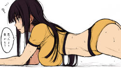 Rule 34 | 1girl, ?, ass, black hair, blush, breasts, cocq taichou, crop top, exercising, long hair, midriff, original, parted lips, planking, purple eyes, shorts, simple background, sketch, solo, sweat, tank top, translated, white background, yellow shorts, yellow tank top