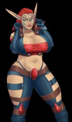 Rule 34 | 1girl, absurdres, armor, belly, blarf, blue jacket, breasts, crop top, facial tattoo, green eyes, highres, jacket, jak and daxter, large breasts, leather, navel, non-web source, pointy ears, red hair, self-upload, shoulder armor, solo, tattoo, thick thighs, thighs, wide hips