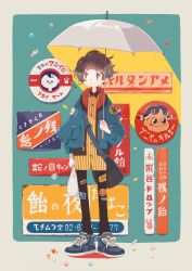 Rule 34 | 1other, absurdres, bag, black pants, blue footwear, brown hair, candy, collared shirt, full body, green jacket, highres, holding, holding bag, holding umbrella, jacket, looking to the side, orange eyes, original, pants, patch, shirt, shoes, short hair, shoulder bag, sign, sneakers, solo, sorata123, standing, striped clothes, striped shirt, umbrella, vertical stripes, wrapped candy, yellow shirt
