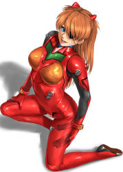Rule 34 | 10s, 1girl, arched back, blue eyes, breasts, breasts apart, brown hair, evangelion: 3.0 you can (not) redo, eyepatch, from side, full body, hair over one eye, kneeling, legs apart, lips, long hair, neon genesis evangelion, on one knee, one eye covered, parted bangs, plugsuit, rebuild of evangelion, simple background, skin tight, smile, solo, souryuu asuka langley, toten (der fuhrer), two side up, white background