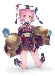 Rule 34 | 1girl, atelier (series), atelier sophie, bare shoulders, benitama, cone hair bun, corneria (atelier), feathers, frills, hair bun, hair ornament, highres, japanese clothes, kimono, looking at viewer, pink eyes, pink hair, simple background, sleeves past wrists, solo, thighs, white background