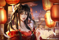 Rule 34 | 1girl, artist request, bare shoulders, brown hair, building, chi lian (qin shi ming yue), closed mouth, dress, highres, holding, holding brush, lantern, lantern festival, medium hair, night, outdoors, paper lantern, qinshi mingyue, railing, red dress, second-party source, sky lantern, smile, solo, stairs, streamers, upper body