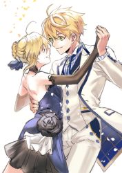 Rule 34 | 1boy, 1girl, absurdres, ahoge, arthur pendragon (fate), arthur pendragon (white rose) (fate), artoria pendragon (all), artoria pendragon (fate), blonde hair, braid, dancing, dress, elbow gloves, fate/grand order, fate/prototype, fate/stay night, fate (series), fen renlei, formal, french braid, gloves, green eyes, highres, looking at another, official alternate costume, saber (fate), saber (lapis lazuli dress) (fate), smile, suit