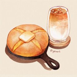 Rule 34 | artist name, bread, breakfast, commentary, drink, english commentary, food, food focus, frying pan, glass, highres, ice, ice cube, no humans, original, procreate (medium), twitter username, ydxart, yellow background