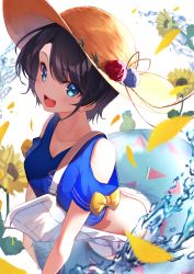 Rule 34 | 1girl, :d, absurdres, bare shoulders, baseball cap, bird, black hair, blue eyes, blue shirt, blush, bow, clothing cutout, collarbone, commentary request, crop top, duck, flower, from above, hat, hat flower, highres, hololive, innertube, midriff, mikaku, oozora subaru, open mouth, overalls, petals, shirt, short hair, short sleeves, shoulder cutout, smile, solo, splashing, strap slip, straw hat, sun hat, sunflower, swim ring, virtual youtuber, water, white background, white overalls, yellow bow, yellow flower