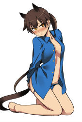 Rule 34 | 1girl, angela salas larrazabal, animal ears, barefoot, blush, brown hair, buttons, horse girl, jacket, kneeling, long hair, ningen (ningen96), ningen (ningen (96), open clothes, open jacket, panties, panty pull, solo, strike witches, strike witches: kurenai no majo-tachi, tail, tears, underwear, world witches series, yellow eyes