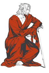 Rule 34 | 1boy, 5altybitter5, barefoot, cane, closed mouth, emet-selch, final fantasy, final fantasy xiv, hair slicked back, highres, male focus, profile, red robe, red theme, robe, simple background, solo, white background