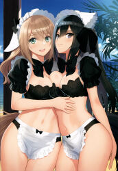 Rule 34 | 2girls, absurdres, apron, artist name, bikini, black eyes, black hair, blue eyes, blue sky, blush, breast press, breasts, cleavage, closed mouth, day, frills, guilty princess, hair ornament, highres, light brown hair, long hair, looking at viewer, maid, maid bikini, maid headdress, medium breasts, multiple girls, navel, ocean, open mouth, outdoors, puffy short sleeves, puffy sleeves, ribbon, scan, shiny skin, short sleeves, sky, smile, stomach, swimsuit, tail, teeth, thighs, tony taka, unconventional maid, upper teeth only, waist apron, water