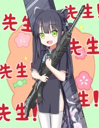 Rule 34 | 1girl, animal ear fluff, animal ears, black dress, black hair, blue archive, blunt bangs, cat ears, china dress, chinese clothes, dress, green eyes, gun, highres, long hair, hugging object, open mouth, rifle, short sleeves, shun (blue archive), shun (small) (blue archive), smile, solo, thighhighs, tiger ears, tony90535, twintails, weapon, weapon case, weapon request, white thighhighs