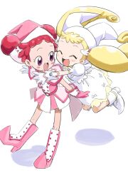 Rule 34 | 2girls, :d, blonde hair, blush, boots, capelet, closed eyes, commentary request, double bun, dress, earrings, full body, gloves, hair bun, harukaze doremi, hat, high heels, highres, jewelry, jumping, knee boots, long hair, looking at another, magical girl, makihatayama hana, multiple girls, nishioka tomozou, ojamajo doremi, open mouth, outstretched arms, pink capelet, pink dress, pink eyes, pink footwear, pink gloves, pink hair, pink headwear, pointy footwear, puffy short sleeves, puffy sleeves, short hair, short sleeves, smile, standing, twintails, very long hair, white background, white dress, white footwear, white gloves, white headwear, wing hair ornament, witch hat