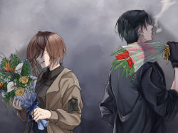 Rule 34 | 1boy, 1girl, black gloves, black hair, black jacket, bouquet, breasts, brown hair, brown jacket, brown shirt, character request, cigarette, cigarette holder, closed mouth, commentary request, crying, finellen, flower, girls&#039; frontline, gloves, hair between eyes, highres, holding, holding bouquet, holding flower, j (girls&#039; frontline), jacket, medium hair, open clothes, open jacket, shadowless (girls&#039; frontline), shirt, short hair, simple background, spoilers, upper body