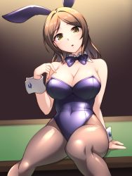 Rule 34 | 1girl, animal ears, ayase honoka, black bow, black bowtie, black leotard, black pantyhose, bow, bowtie, breasts, brown eyes, brown hair, cleavage, commentary request, detached collar, feet out of frame, highres, idolmaster, idolmaster cinderella girls, large breasts, leotard, long hair, looking at viewer, pantyhose, pataneet, playboy bunny, rabbit ears, sitting, solo, strapless, strapless leotard, table, wrist cuffs