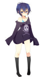 Rule 34 | 1girl, atlus, blue eyes, blue hair, blush, bra, breasts, cosplay, k-a-i, matching hair/eyes, off shoulder, oversized clothes, persona, persona 4, shirogane naoto, shirt, short hair, simple background, skull and crossbones, sleeves past wrists, socks, solo, underwear, white background
