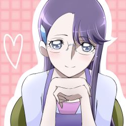Rule 34 | 10s, 1girl, arm support, blush, checkered background, close-up, eyelashes, glasses, grey eyes, happy, heart, heartcatch precure!, long hair, looking at viewer, md5 mismatch, pink background, precure, purple hair, shirt, simple background, smile, solo, tsukikage oyama, tsukikage yuri