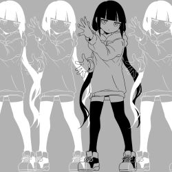 Rule 34 | 1girl, afterimage, blunt bangs, closed mouth, empty eyes, expressionless, full body, greyscale, hands up, head tilt, highres, hood, hood down, hoodie, inverted colors, jitome, lag train (vocaloid), long hair, long sleeves, looking at viewer, low twintails, mefomefo, monochrome, nukunuku nigirimeshi (style), open hands, osage (nukunuku nigirimeshi), romaji commentary, shoes, sneakers, standing, thighhighs, twintails, very long hair, vocaloid, zettai ryouiki