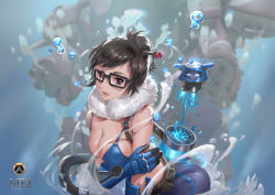 Rule 34 | 1girl, arched back, arm cannon, ass, bare shoulders, beads, belt, belt pouch, bikini, bikini top only, black-framed eyewear, blue bikini, blue gloves, blue legwear, breasts, brown eyes, brown hair, bubble, canister, character name, cleavage, cowboy shot, detached collar, drone, emblem, fany, floating, fur trim, gatling gun, glasses, gloves, gun, hair bun, hair ornament, hair stick, highres, hose, large breasts, logo, looking at viewer, mecha, mei (overwatch), meka (overwatch), overwatch, overwatch 1, parted lips, pink lips, pouch, robot, single hair bun, snowball (overwatch), solo, swimsuit, underwater, weapon