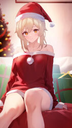 Rule 34 | 1girl, alternate costume, bare shoulders, blonde hair, blush, box, breasts, christmas, christmas present, christmas tree, closed mouth, dress, feet out of frame, fur-trimmed dress, fur-trimmed headwear, fur trim, genshin impact, gift, gift box, hat, highres, indoors, long sleeves, looking at viewer, lumine (genshin impact), medium breasts, off-shoulder dress, off shoulder, pom pom (clothes), red dress, red hat, santa costume, santa hat, short dress, short hair with long locks, sitting, sleeves past wrists, smile, solo, tanaka212, thighs, yellow eyes