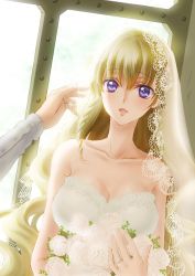 Rule 34 | 1girl, :o, alternate costume, bare arms, bare shoulders, blonde hair, bloom, blush, bouquet, braid, breasts, bridal veil, cleavage, code geass, code geass: boukoku no akito, collarbone, dress, dutch angle, female focus, flower, gloves, jewelry, komaichi, large breasts, leila malcal, lips, lipstick, long hair, looking at viewer, makeup, neck, open mouth, parted lips, pov, pov hands, purple eyes, red lips, ring, single braid, sleeveless, solo focus, strapless, strapless dress, upper body, veil, very long hair, wedding dress, white dress, white gloves