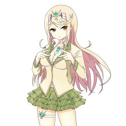 Rule 34 | 1girl, bad id, bad twitter id, blonde hair, blush, breasts, gloves, hair ornament, highres, large breasts, long hair, looking at viewer, mythra (xenoblade), neckerchief, nintendo, pleated skirt, school uniform, serafuku, skirt, solo, tavn, white background, xenoblade chronicles (series), xenoblade chronicles 2, yellow eyes