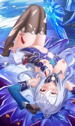 Rule 34 | +wet, 1girl, absurdres, armpits, arms up, black gloves, black thighhighs, blue dress, blue sleeves, blush, breasts, choko (cup), crystal sword, cup, detached sleeves, dress, full body, gloves, hair between eyes, hands up, heart, heart-shaped pupils, highres, honkai: star rail, honkai (series), ice shard, jingliu (honkai: star rail), jndfh, knees up, legs together, looking at viewer, lying, medium breasts, navel, nipples, no shoes, on back, parted lips, red eyes, sidelocks, soles, solo, spill, stomach, sword, symbol-shaped pupils, thighhighs, tiptoes, torn clothes, torn thighhighs, upside-down, water, weapon, white hair
