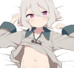 Rule 34 | 1girl, blush, clothes lift, elf, flat chest, gamuo, grey hair, hair between eyes, kokkoro (princess connect!), long sleeves, looking at viewer, lying, navel, on back, pajamas, pointy ears, princess connect!, purple eyes, shirt lift, short hair, solo, upper body