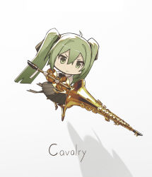 Rule 34 | 1girl, ahoge, arm armor, black skirt, chibi, chinese commentary, commentary, english text, full body, green eyes, green hair, hair ribbon, hatsune miku, highres, holding, holding instrument, holding weapon, improvised weapon, instrument, kieed, lance, leg armor, long hair, pleated skirt, polearm, ribbon, shadow, shirt, skirt, solo, twintails, v-shaped eyebrows, very long hair, vocaloid, weapon, white background, white shirt