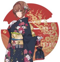 Rule 34 | 1girl, 2021, bag, breasts, brown hair, floral print, gloves, hair ornament, hand on own chest, highres, holding, holding bag, japanese clothes, kantai collection, kimono, long sleeves, mutsu (kancolle), new year, obi, rokuwata tomoe, sash, short hair, smile, solo, upper body, watermark, web address, white gloves, wide sleeves, yellow eyes