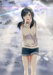 Rule 34 | 1girl, amano hina (tenki no ko), arms behind back, bare arms, bare shoulders, black hair, blue eyes, blue neckwear, choker, cloud, cloudy sky, copyright name, english text, facing viewer, highres, hood, hood down, hooded jacket, hoodie, jacket, jewelry, long hair, looking at viewer, low twintails, necklace, open mouth, short shorts, shorts, sky, sleeveless, sleeveless hoodie, sleeveless jacket, smile, solo, sun, sunlight, tenki no ko, twintails, user rtsg2375, watermark, white hoodie, white jacket