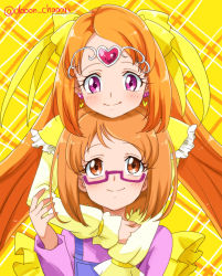 Rule 34 | 10s, 2girls, bow, brown eyes, circlet, cure muse, cure muse (yellow), don (748826), dual persona, earrings, frills, glasses, hair bow, heart, heart earrings, hug, hug from behind, jewelry, long hair, looking at viewer, magical girl, multiple girls, orange hair, pink eyes, pink shirt, plaid, plaid background, precure, purple-framed eyewear, semi-rimless eyewear, shirabe ako, shirt, short hair, smile, suite precure, twitter username, yellow background, yellow bow