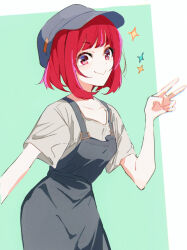 Rule 34 | 1girl, apron, arima kana, blue apron, blue hat, blunt bangs, bob cut, chromatic aberration, closed mouth, collarbone, commentary request, cowboy shot, grey shirt, hat, inverted bob, looking at viewer, medium hair, oshi no ko, red eyes, red hair, shirt, short sleeves, smile, solo, sparkle, v, visor cap, yamabukiyuki