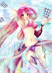 Rule 34 | 1girl, :p, angel wings, arm behind head, armpits, artist request, blush, breasts, card, commentary request, spiked halo, feathered wings, gradient hair, halo, jibril (no game no life), large breasts, long hair, low wings, magic circle, midriff, multicolored hair, navel, no game no life, pink hair, playing card, sideboob, single thighhigh, smile, solo, stomach, tattoo, thighhighs, tongue, tongue out, very long hair, wing ears, wings, yellow eyes