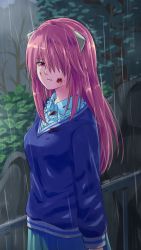 Rule 34 | 1girl, blood, blood on clothes, blood on face, blue shirt, blue skirt, blue sweater, collared shirt, dress shirt, elfen lied, frilled shirt, frills, hair over one eye, highres, long hair, long sleeves, lucy (elfen lied), motinoki, outdoors, parted lips, pink hair, pleated skirt, rain, red eyes, shirt, skirt, solo, standing, straight hair, sweater, wing collar