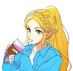 Rule 34 | 1girl, alternate costume, blonde hair, blue jacket, braid, bubble tea, casual, commentary request, crown braid, drinking straw, drinking straw in mouth, green eyes, jacket, korean commentary, long hair, long sleeves, nintendo, parted bangs, parted lips, pointy ears, ponytail, princess zelda, shirt, sidelocks, solo, the legend of zelda, the legend of zelda: breath of the wild, tnp, upper body, white background, white shirt