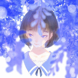 Rule 34 | 1girl, ajimita, blue eyes, blue theme, blunt bangs, blurry, bob cut, brown hair, closed mouth, dappled sunlight, depth of field, eyebrows, eyelashes, flower, frills, lens flare, looking away, looking to the side, original, ribbon, shade, short hair, smile, solo, sunlight, upper body, white background, wisteria