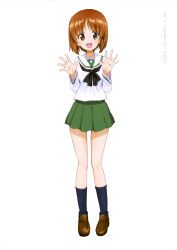 Rule 34 | 10s, 1girl, :d, absurdres, blouse, brown hair, copyright name, full body, girls und panzer, green skirt, highres, looking at viewer, miniskirt, nishizumi miho, official art, ooarai school uniform, open mouth, pleated skirt, school uniform, serafuku, shirt, short hair, simple background, skirt, smile, socks, solo, standing, thighs, white background