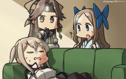 Rule 34 | 3girls, ?, asakaze (kancolle), black gloves, blonde hair, blue bow, blue hakama, bow, brown eyes, brown hair, celtic knot, closed eyes, couch, dated, elbow gloves, forehead, forehead protector, frown, gloves, graf zeppelin (kancolle), hair between eyes, hair bow, hair intakes, hair ribbon, hakama, hakama skirt, half updo, hamu koutarou, highres, japanese clothes, jintsuu (kancolle), kantai collection, kimono, light brown hair, long hair, looking at another, lying, military, military uniform, multiple girls, on back, on couch, parted bangs, ribbon, school uniform, serafuku, shaded face, sidelocks, signature, skirt, spoken question mark, twintails, uniform, wavy hair, white kimono