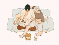 Rule 34 | 2boys, adjusting eyewear, akaashi keiji, animal print, bag of chips, bird print, black hair, bokuto koutarou, book, brown pants, chengongzi123, chips (food), closed eyes, collared shirt, commentary, couch, food, food in mouth, full body, glasses, grey hair, grey shirt, grey shorts, haikyuu!!, hand up, highres, holding, holding book, holding food, indian style, male focus, manga (object), meta, mouth hold, multicolored hair, multiple boys, on couch, owl print, pants, pillow, pink background, plaid, plaid shirt, potato chips, reading, shirt, short hair, shorts, simple background, sitting, slippers, streaked hair, symbol-only commentary, unworn footwear, very short hair