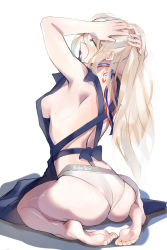 Rule 34 | 1girl, apron, armpits, arms up, ass, ayakumo, back, bare shoulders, barefoot, blonde hair, blue apron, blue eyes, blush, breasts, french flag, full body, hair between eyes, highres, kantai collection, large breasts, long hair, looking at viewer, looking back, mole, mole under eye, panties, richelieu (kancolle), shadow, sitting, soles, solo, underwear, wedgie, white background, white panties