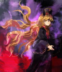 Rule 34 | 1girl, black headwear, black shirt, black skirt, blonde hair, closed mouth, commentary request, flat chest, from side, highres, junko (touhou), kaigen 1025, long hair, long skirt, long sleeves, neck ribbon, phoenix crown, red eyes, red vest, ribbon, shirt, skirt, solo, touhou, vest, wide sleeves, yellow ribbon