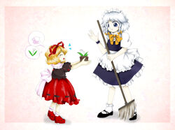 Rule 34 | 2girls, :d, ^ ^, apron, black shirt, blue dress, blue eyes, bobby socks, bow, bowtie, braid, closed eyes, dress, flower, giving, grey hair, hair ribbon, holding, holding mop, izayoi sakuya, lily of the valley, maid, maid headdress, medicine melancholy, medinki, mop, multiple girls, official style, open mouth, plant, potted plant, red footwear, red ribbon, red skirt, ribbon, shirt, shoes, short hair, short sleeves, side braids, skirt, smile, socks, speech bubble, spoken object, touhou, waist apron, white apron, white socks, yellow bow, yellow bowtie, zun (style)