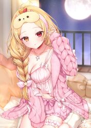 Rule 34 | 1girl, :o, absurdres, bangs pinned back, bed sheet, blonde hair, blush, braid, breasts, camisole, cleavage, collarbone, commentary request, forehead, frilled camisole, frilled shorts, frills, full moon, heterochromia, highres, hoshikawa sara, hoshikawa sara (7th costume), indoors, ineka ka, jacket, jewelry, long hair, looking at viewer, medium breasts, midriff, moon, navel, necklace, nijisanji, official alternate costume, official alternate hairstyle, on bed, open clothes, open jacket, open mouth, pillow, pink camisole, pink jacket, pink shorts, red eyes, shorts, single braid, sitting, sleep mask, sleepwear, sleeves past fingers, sleeves past wrists, solo, star (symbol), star necklace, virtual youtuber, wariza, yellow eyes