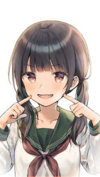 Rule 34 | 1girl, :d, bad id, bad twitter id, black hair, blush, brown eyes, brown neckerchief, collarbone, commentary request, fang, fingers to cheeks, green sailor collar, hands up, long hair, long sleeves, looking at viewer, low twintails, midorikawa you, neckerchief, open mouth, original, sailor collar, shirt, simple background, smile, solo, twintails, upper body, v-shaped eyebrows, white background, white shirt